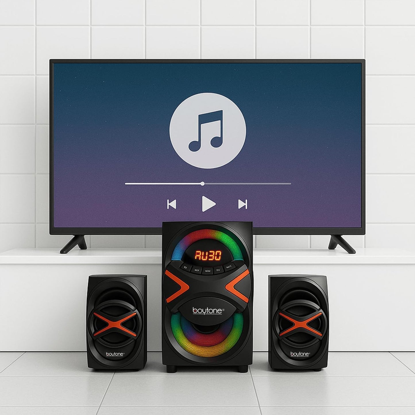 Boytone BT-326F, 2.1 Bluetooth Powerful Home Theater Speaker System, with FM Radio, SD USB Ports, Digital Playback, 40 Watts, Disco Lights, Full Function Remote Control, for Smartphone, Tablet., Black