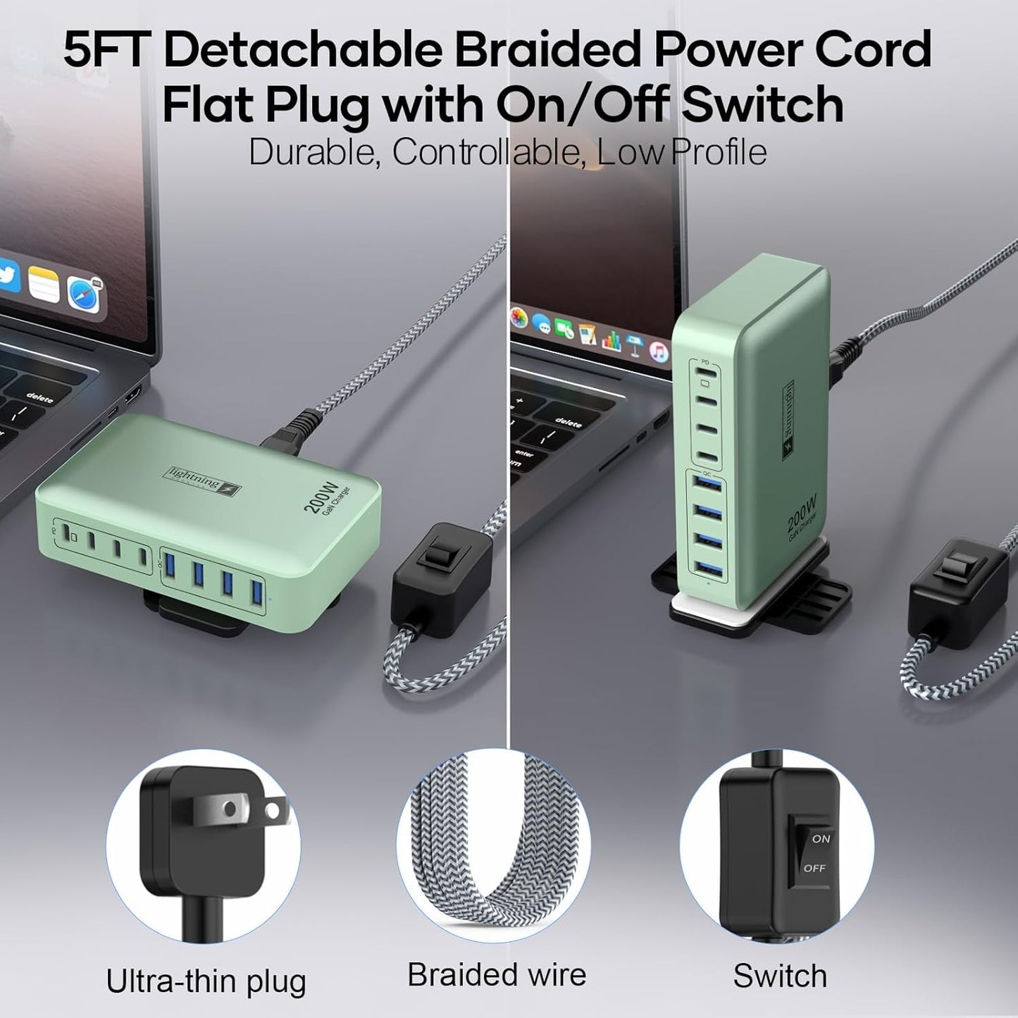 8-Port Multiple Charger Station 200W with Flat Plug, Braided Power Cord, and On/Off Switch- USB Charging Hub for iPhone, iPad, MacBook and More- 65W C Port Power Adapter for Laptops