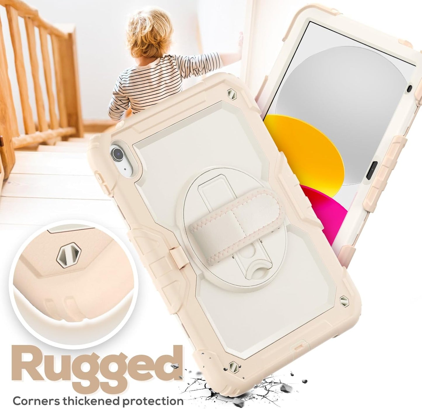 BLOSOMEET Girls Cute Case for iPad A16 11th/10th Generation 11''/10.9'' 2025/2022 with Tempered Glass Screen Protector, KidsProof iPad 11th/10th Gen Cover with Handle Shoulder Strap, Rosegold