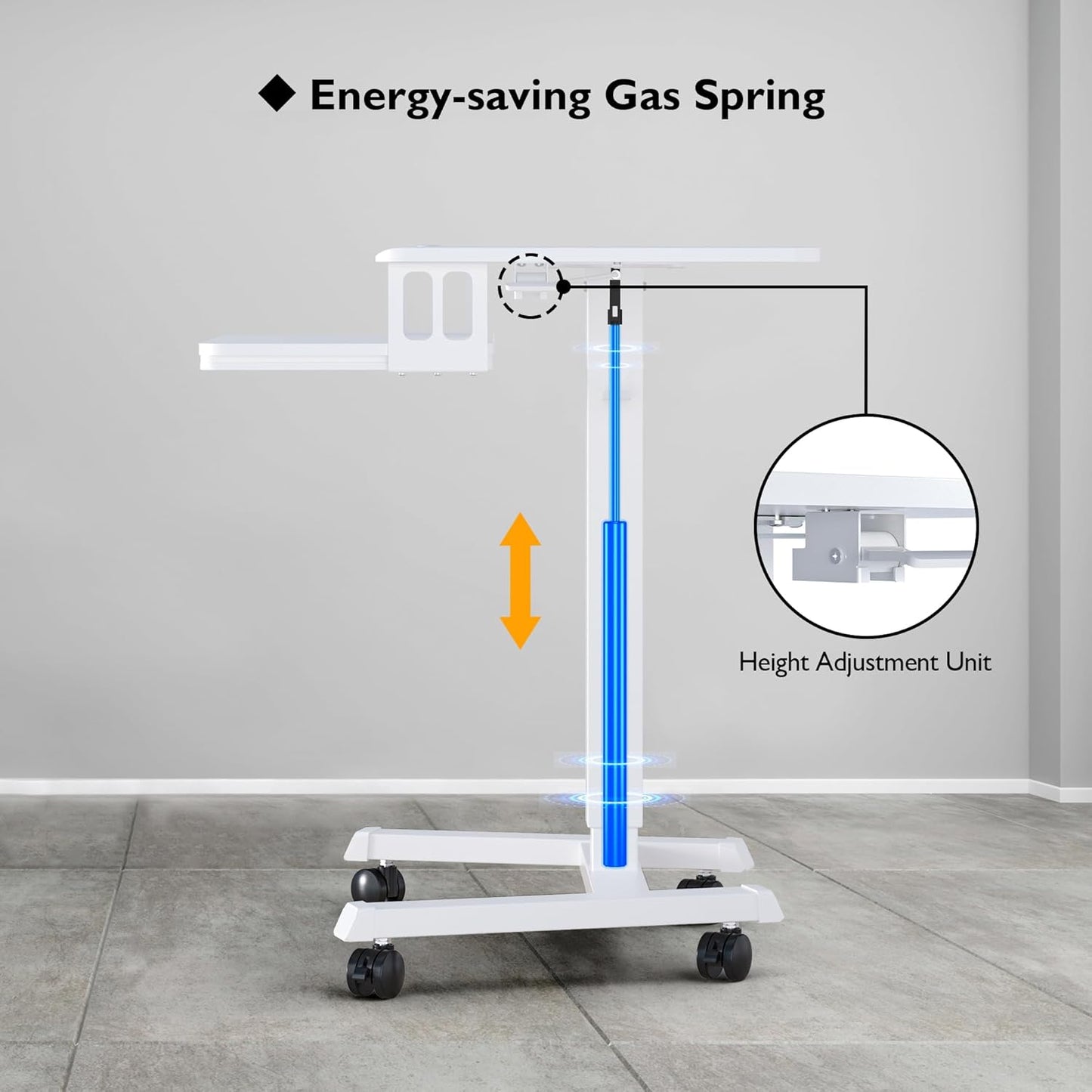 BONTEC Mobile Standing Desk with Keyboard Tray, Mobile Podium, Rolling Laptop Sit Stand Desk on Wheels, Adjustable Height Up to 33lbs, Portable Computer Workstation Cart for Living Room, Office, White