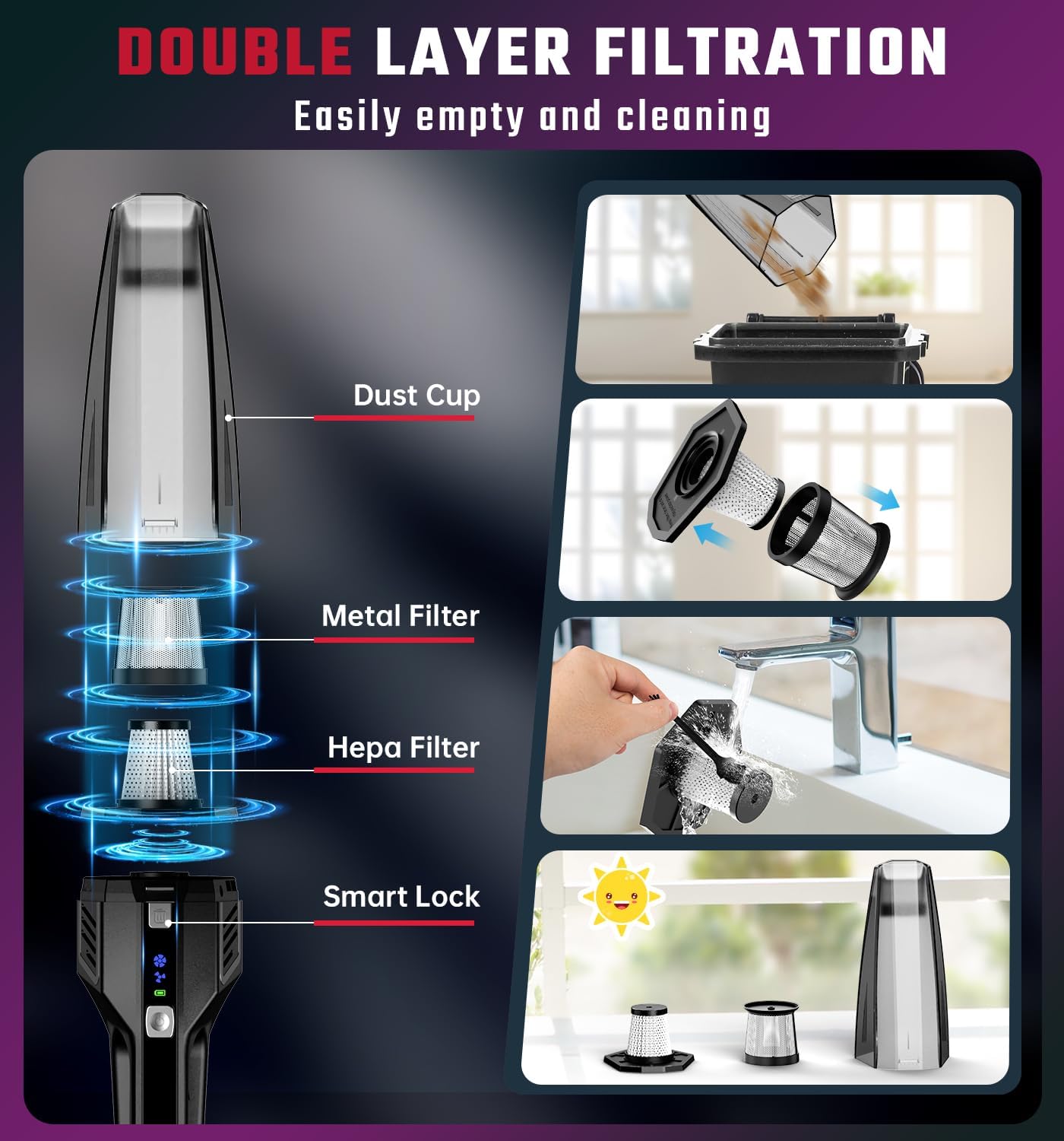 Handheld Vacuum Cordless, 9000PA Strong Suction, 2 Suction Modes, Fast Type-C Charging, Lightweight, Portable Car Vacuum Cleaner for Home Pet Office