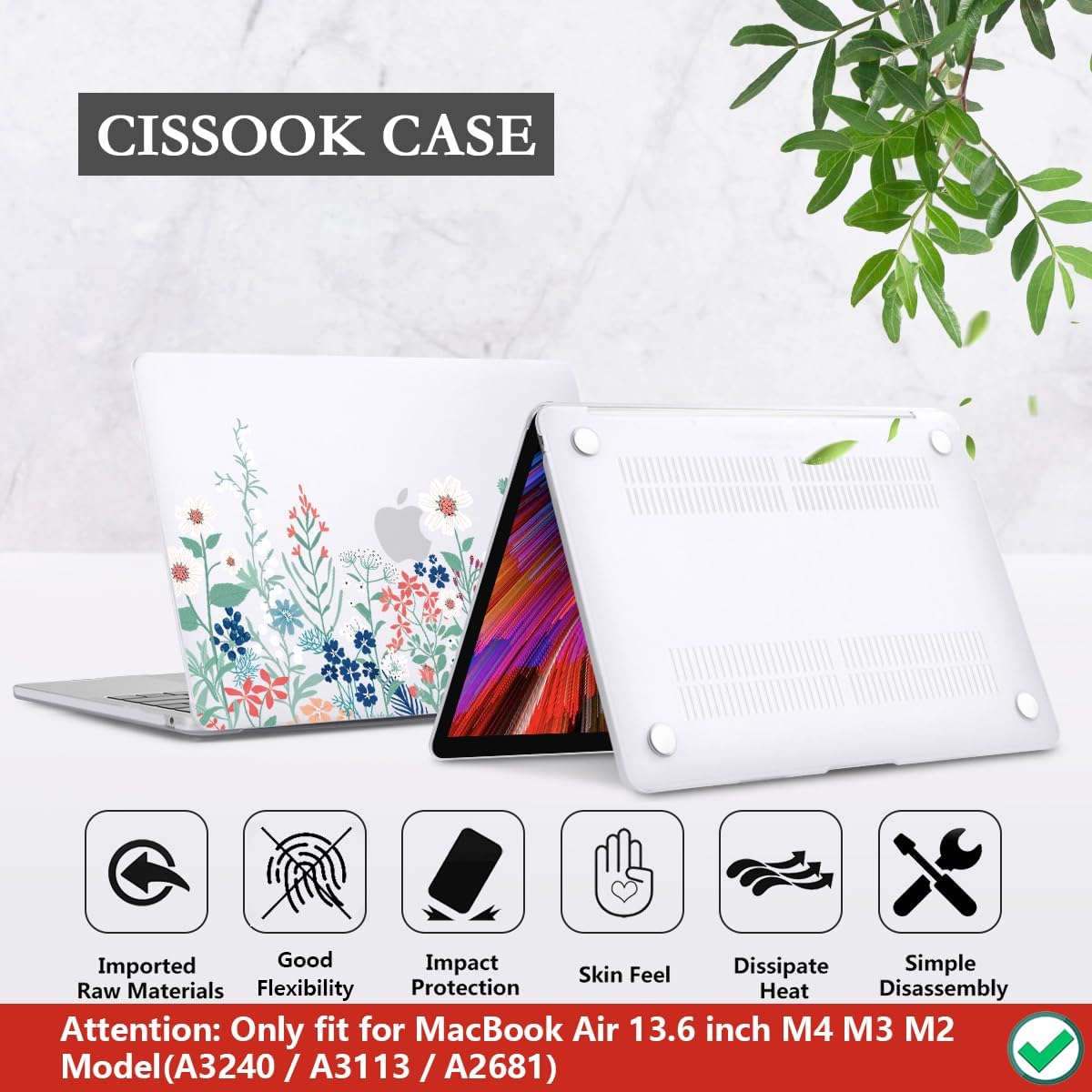 CISSOOK for MacBook Air 13.6 Inch Case 2022 2023 2024 2025 Release Model A2681 A3113 A3240, Matte Frosted Hard Shell Cover with Keyboard Cover for MacBook Air 13.6 M2 M3 M4 - Wildflowers
