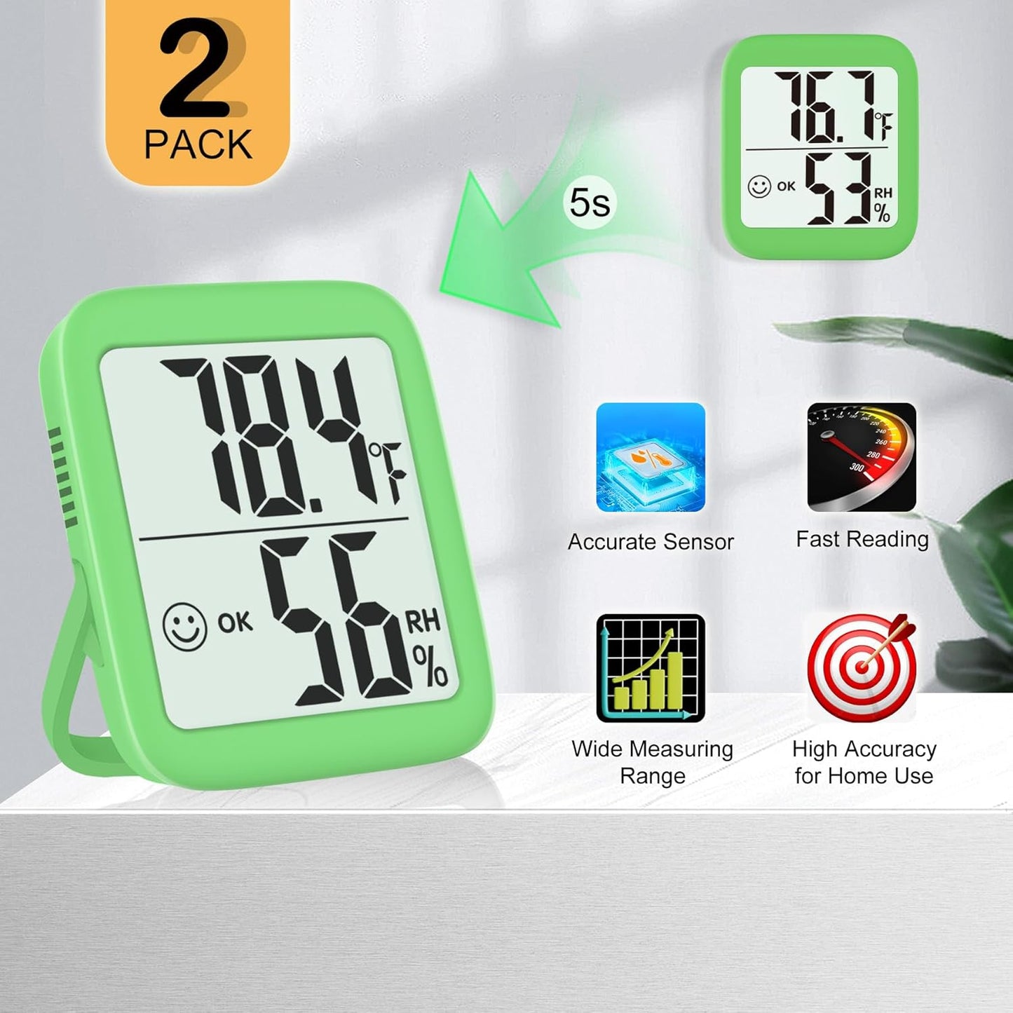 Antonki 2 Pack Room Thermometer for Home, Indoor Hygrometer Humidity Meter Gauge, Digital Temperature and Humidity Sensor Monitor for House, Terrarium, Incubator, Greenhouse - Battery Included