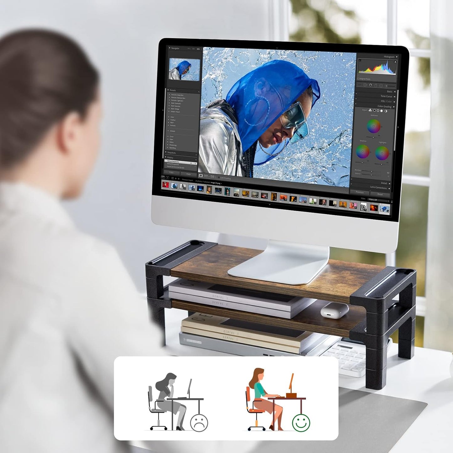 HUANUO Monitor Stand Computer Riser, Monitor Stand for Desk with Adjustable Height and 2 Platforms, Ergonomic Computer Riser, Monitor Riser for Laptops and Monitors, HNMS04V