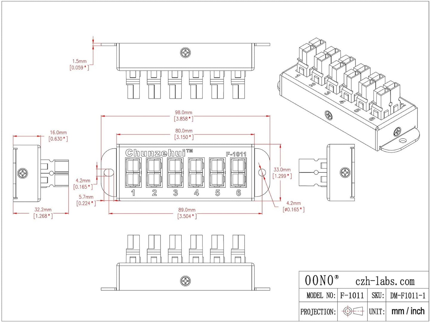 F-1011 6-Position 45A Power Pole Distribution Block Module, Connector Power Splitter Distributor Source Strip.