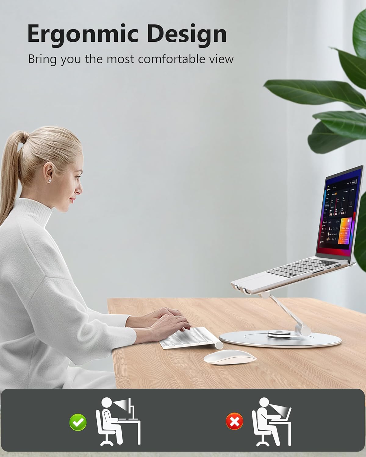 Laptop Stand with Phone Holder, Adjustable Laptop Stand with 360 Rotating Base, Aluminum Computer Mount Holder, Ergonomics Laptop Riser for Desk, Fits MacBook, up to 17.3" All Notebooks Silver