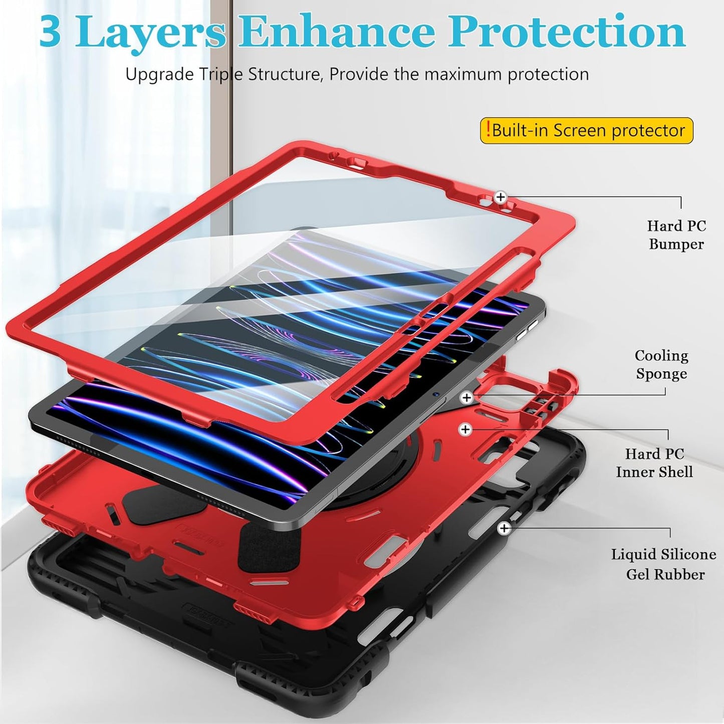 Case for iPad Pro 11 Inch (2022/2021/ 2020/2018): Silicone Cover for iPad 11 (4th/ 3rd/ 2nd/ 1st) Generation with Screen Protector- Stand- Handle- Shoulder Strap- Pencil Holder- Red