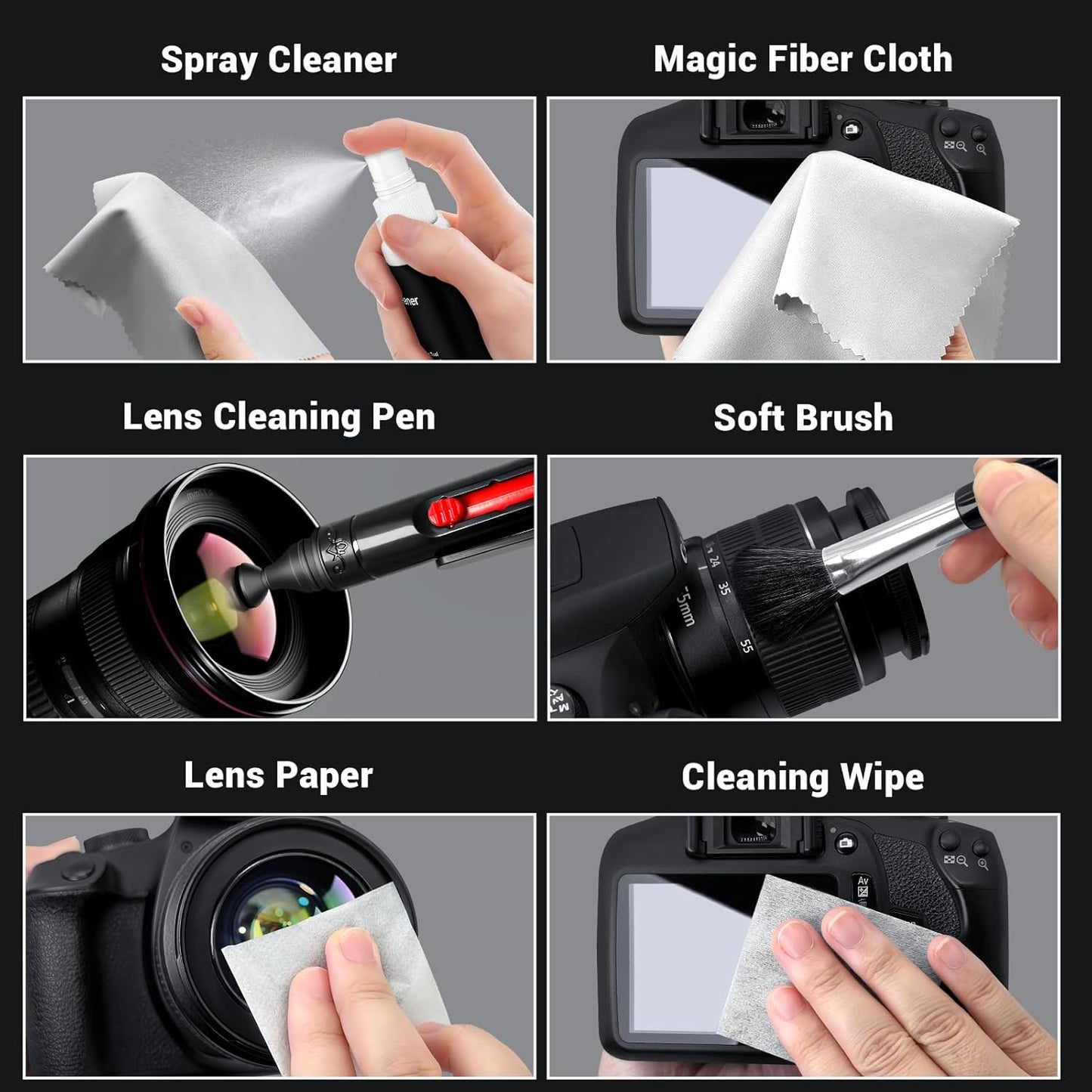 Updated Camera Lens and Sensor Cleaning Kit for Full Frame DSLR - 10x Swabs, Cleaner, and Essentials for Canon, Nikon, Sony