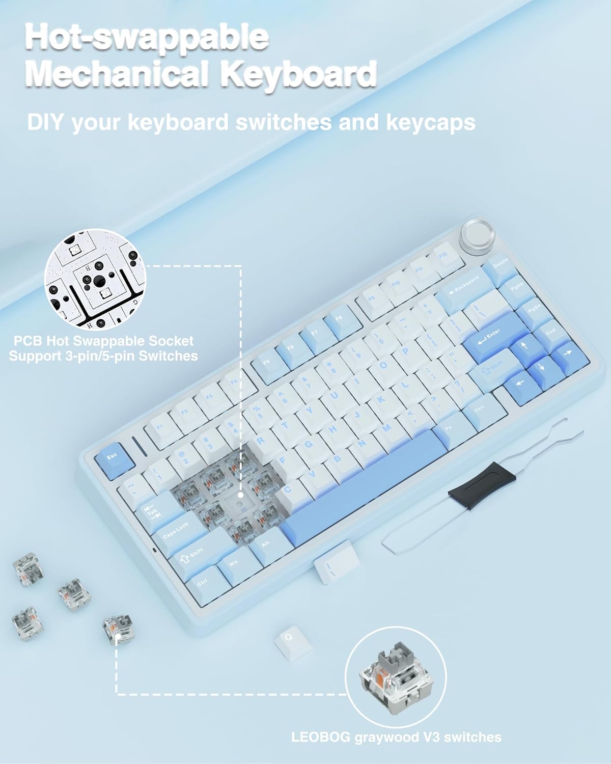 AULA F75 75% Wireless Mechanical Keyboard, Hot Swappable Creamy Keyboard, Pre-lubed Greywood Switches RGB Backlit Gaming Keyboards, 2.4GHz/Type-C/BT5.0(Salt White Blue)