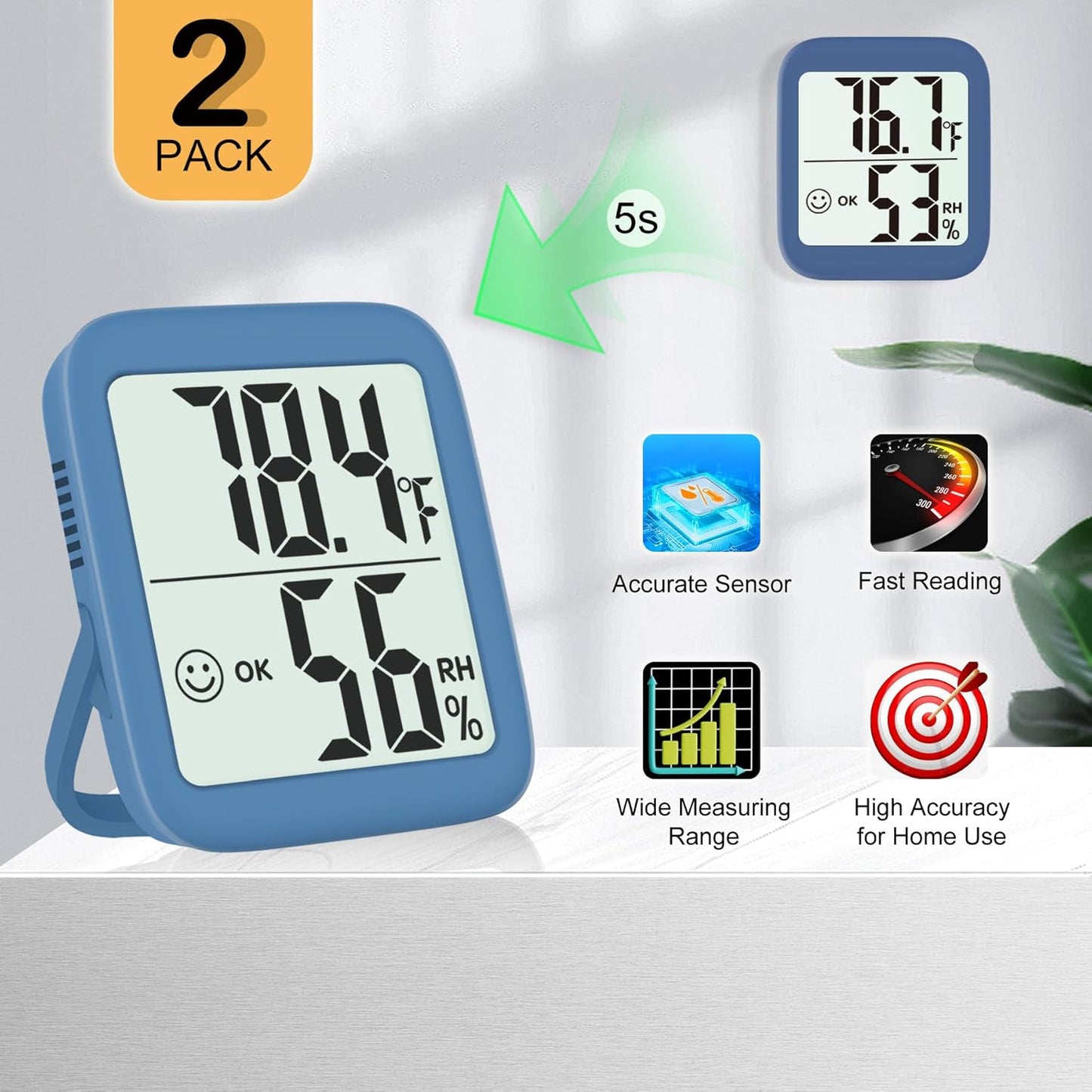 Antonki 2 Pack Room Thermometer for Home, Indoor Hygrometer Humidity Meter Gauge, Digital Temperature and Humidity Sensor Monitor for House, Terrarium, Incubator, Greenhouse - Battery Included