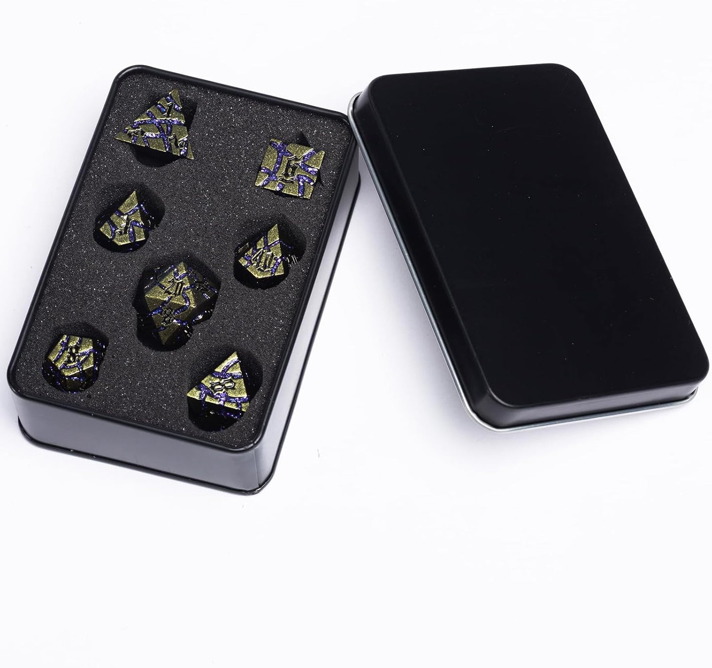 Dice Set D&D Metal,DND Metallic Glitter Crack Dice with Gift Box for RPG Board Games (Greenish Yellow Color + Purple)