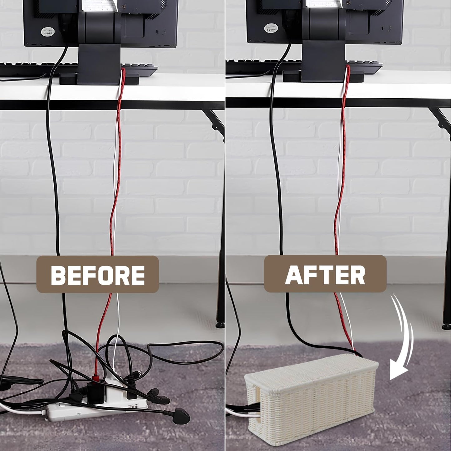 Cable Management Box, Handmade Rattan Cable Organizer, 2 Open Slots Cords Hider Box, Under Desk Cord Organizer for Computer Router USB Hub & Power Strip, Patent Pending, 13" x 5.1" x 5.1", White