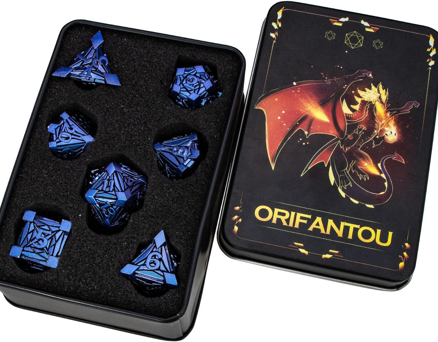 7PCS Metal DND Dice Set with Box, Debris RPG Blue Purple D and D Dice for use with D&D Tabletop Games Role Playing Game Polyhedral Dice Set D20 D12 D10 D8 D6 D4