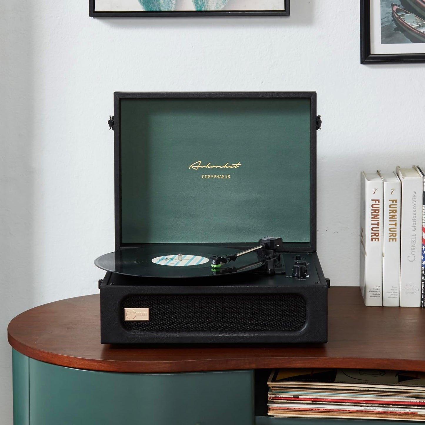 Arkrocket Coryphaeus Vinyl Record Player 3-Speed Bluetooth Input and Output Built-in Speakers with Magnetic Cartridge Auto Off (Black Green)