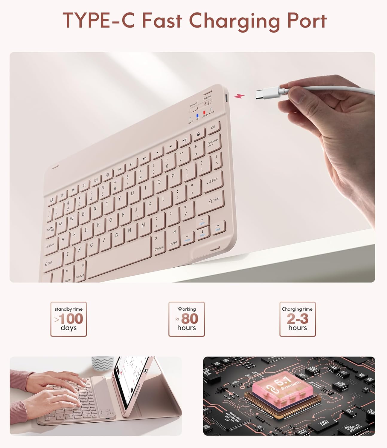 CHESONA Keyboard Case for iPad (A16) 11th/10th Generation (2025/2022), Detachable Wireless Keyboard, Stand Folio Keyboard Cover with Pencil Holder, Thin & Light (Pale Pink)