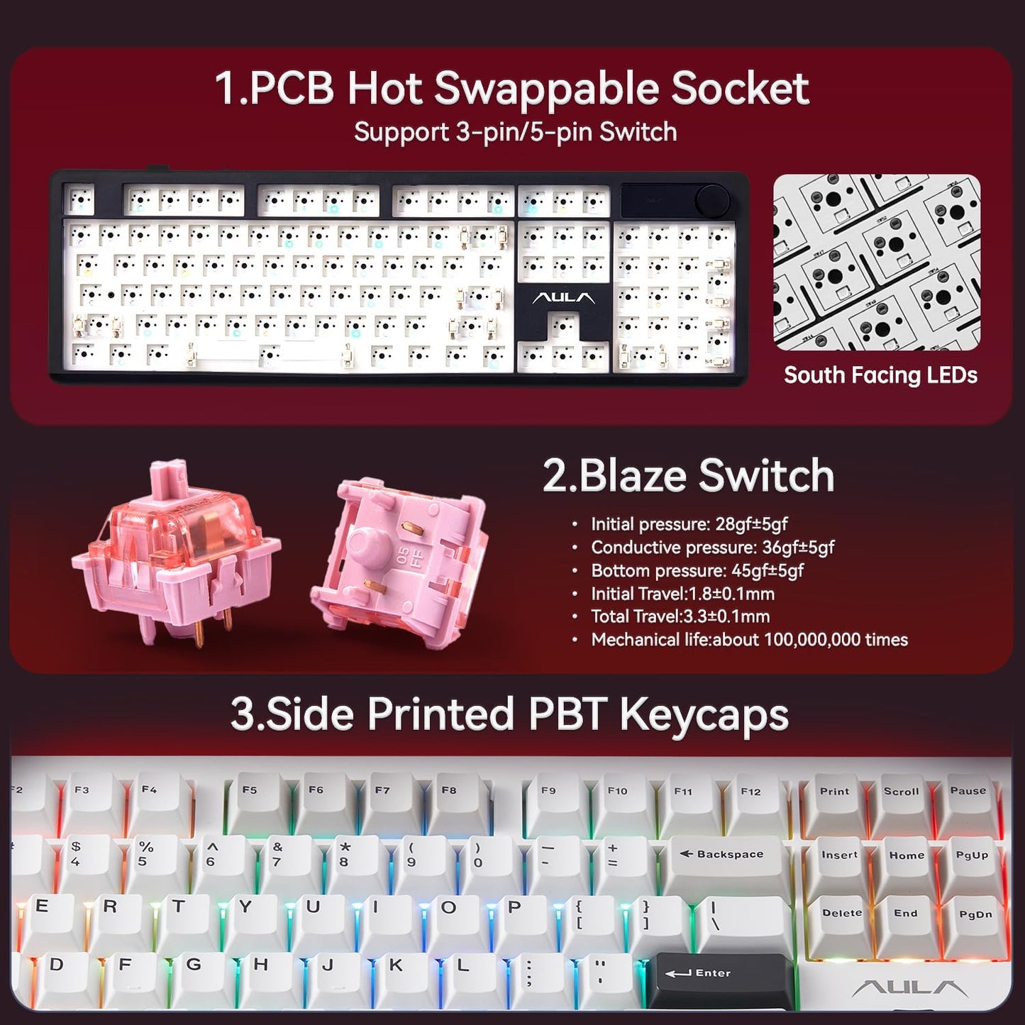 AULA F106PRO Wireless Keyboard, Full Size Mechanical Keyboard with Media Knob & Screen, 8000mAh Battery Hot Swappable Custom PBT keycaps Gaming Keyboard - Blaze Switch,Black White Grey