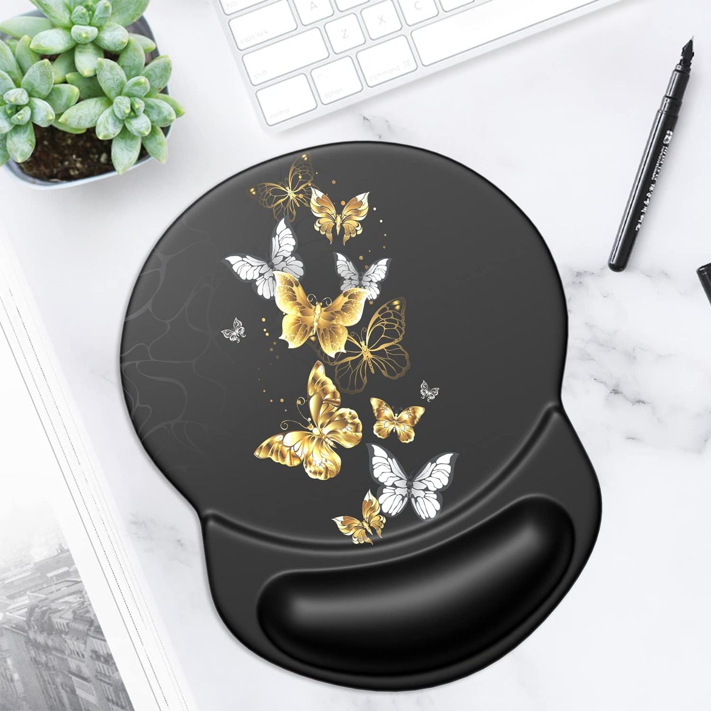ITNRSIIET Ergonomic Mouse Pad with Gel Wrist Support Small Wrist Rest Smooth Surface Non-Slip PU Base Comfortable Office Supplies Pain Relief, 8.7 x 7.2 inches, Golden Butterfly