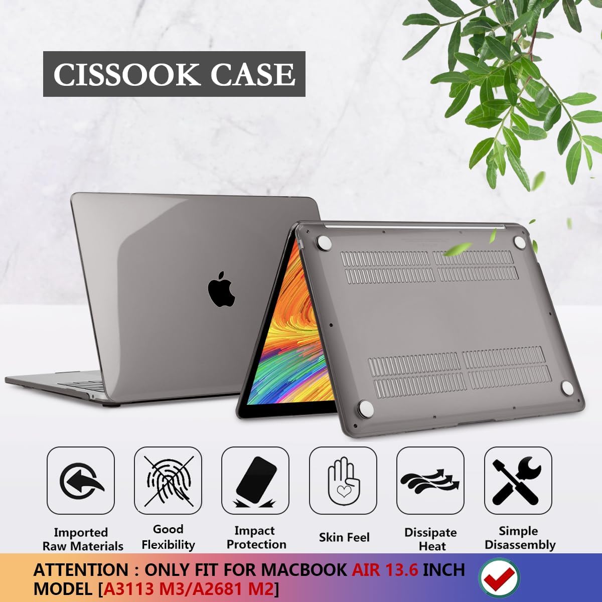 CISSOOK Compatible with MacBook Air 13.6 inch Case 2022 2024 2025 Release A2681 A3113 A3240 with Touch ID, Crystal Grey Hard Shell Case & Keyboard Cover for Mac Air 13.6 M2 M3 M4, Gray