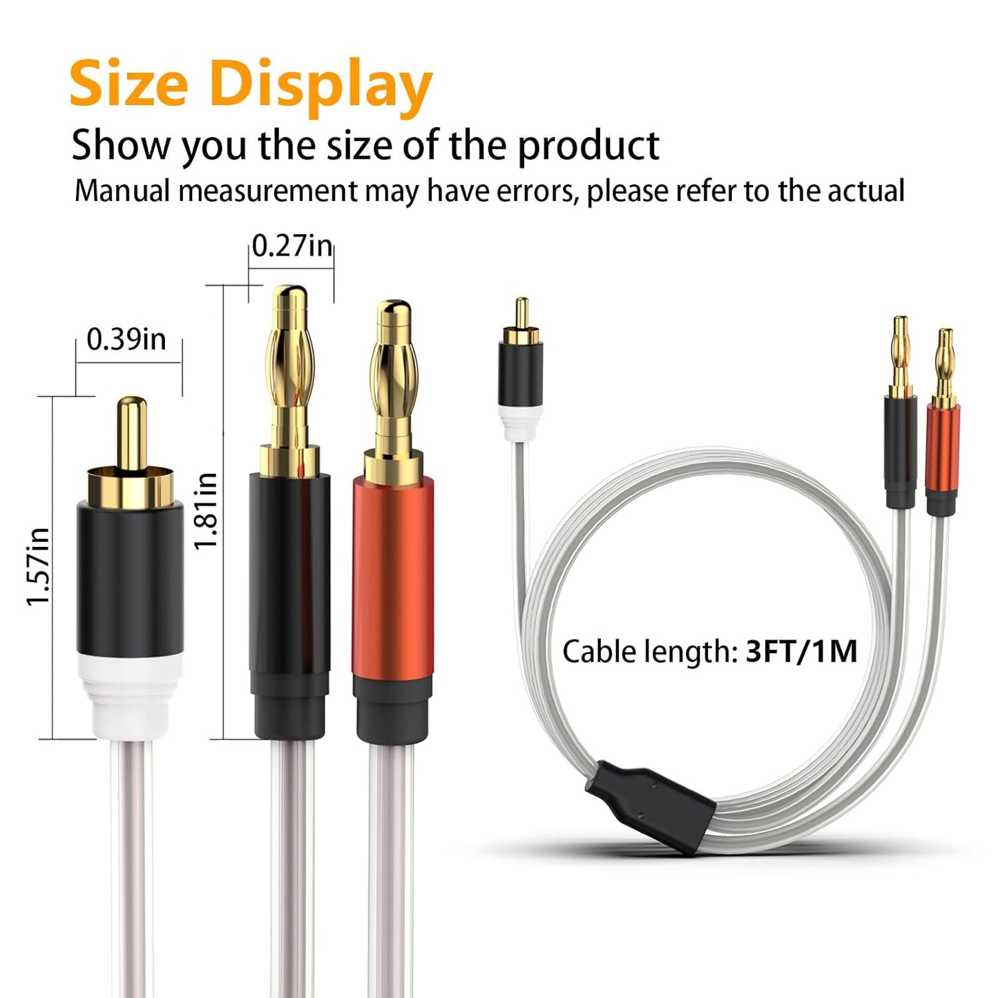 HOSONGIN RCA to Banana Plug Speaker Cable 3.3 Feet -2 Pack, Gold-Plated Dual-Shielding Hi-Fi Stereo Cable for Home Theater/Amplifier/Subwoofer/Speaker/Audio Receiver/Vinyl Record Player/SoundBar