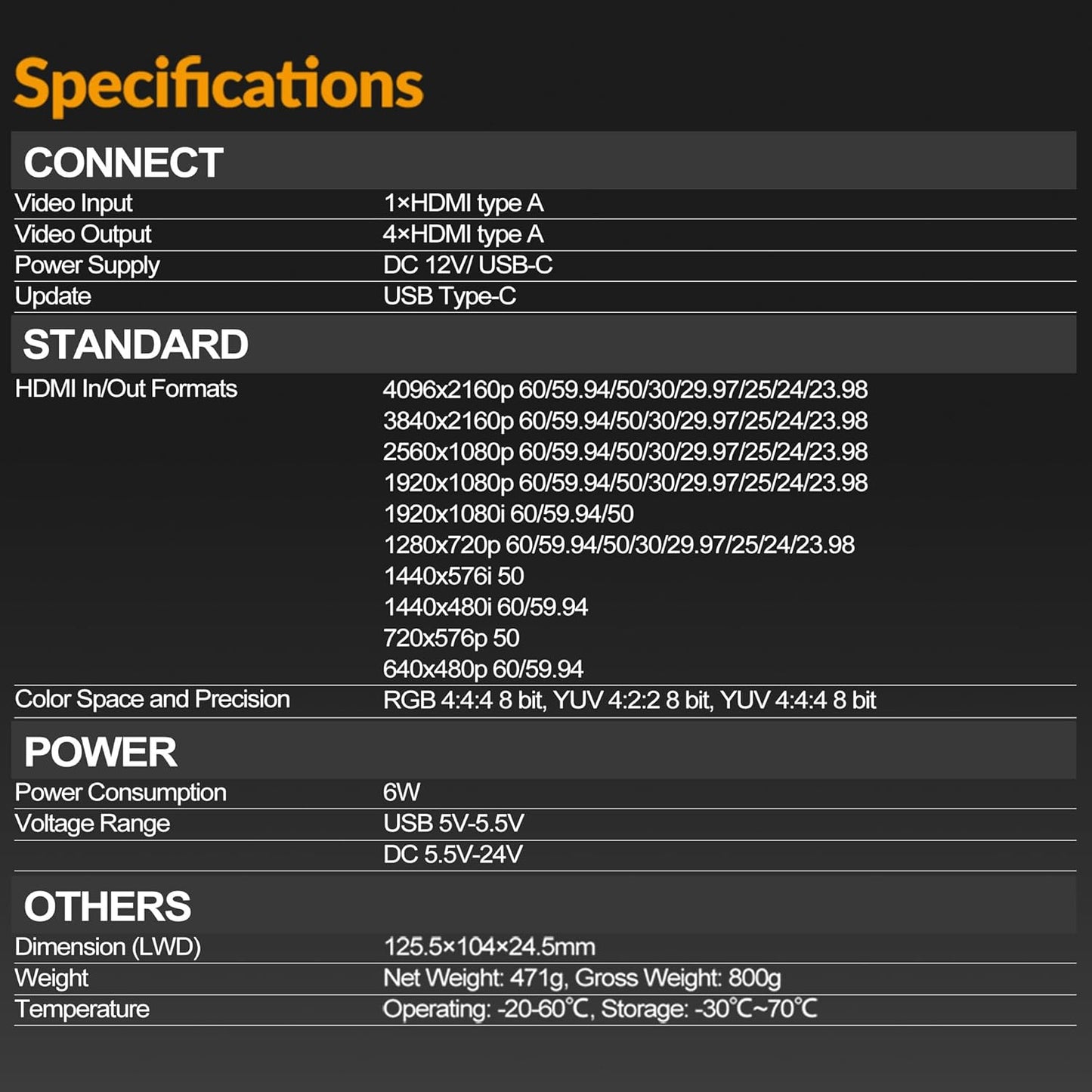Avmatrix SD1242-4K HDMI Splitter, 1 in 4 Out, HDMI 2.0 interfaces Support 4K@60Hz, RGB 4:4:4, USB & DC Dual Power Supply, EDID Management, Compatible for HDTV, PS4