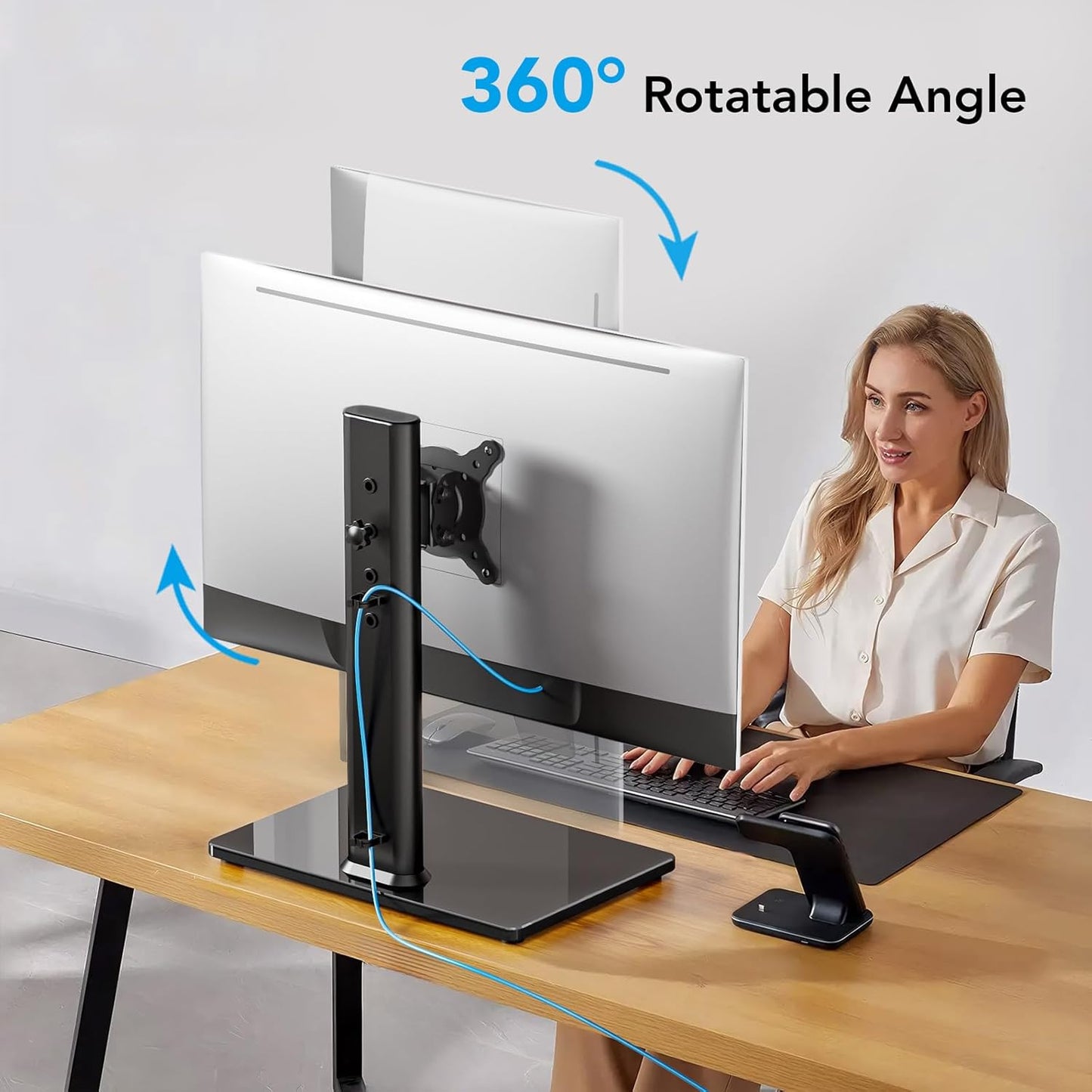 AX WABER Single Monitor Desk Stand Free-Standing Desk Mount Arm Riser for 13 inch to 32 inch Screen Freestanding VESA Mount Base, Adjustable Height, Tilt, Swivel, Rotation, Black AX05TB01