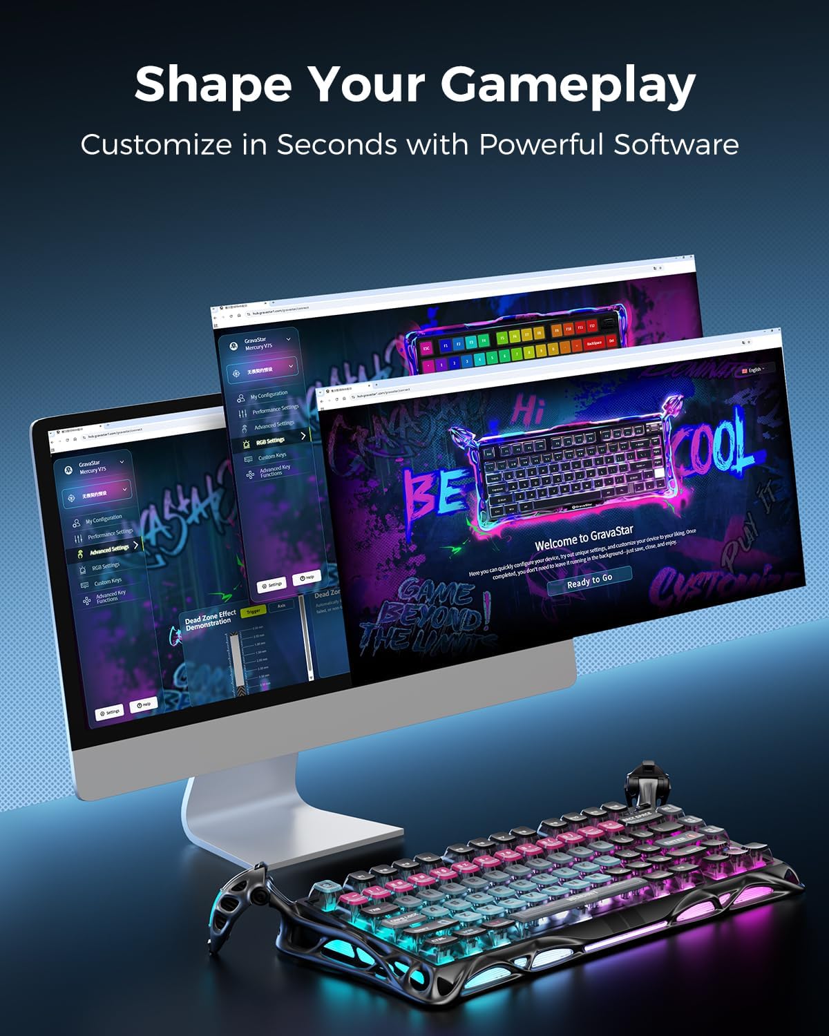 GravaStar Mercury V75 Pro HE Keyboard – 75% Layout Gaming Keyboard, Hall‑Effect Magnetic Switches, Only Wired, Hot‑Swappable, 8000 Hz Polling, Dual‑Zone RGB, Semi‑Aluminum Frame with Cyberpunk