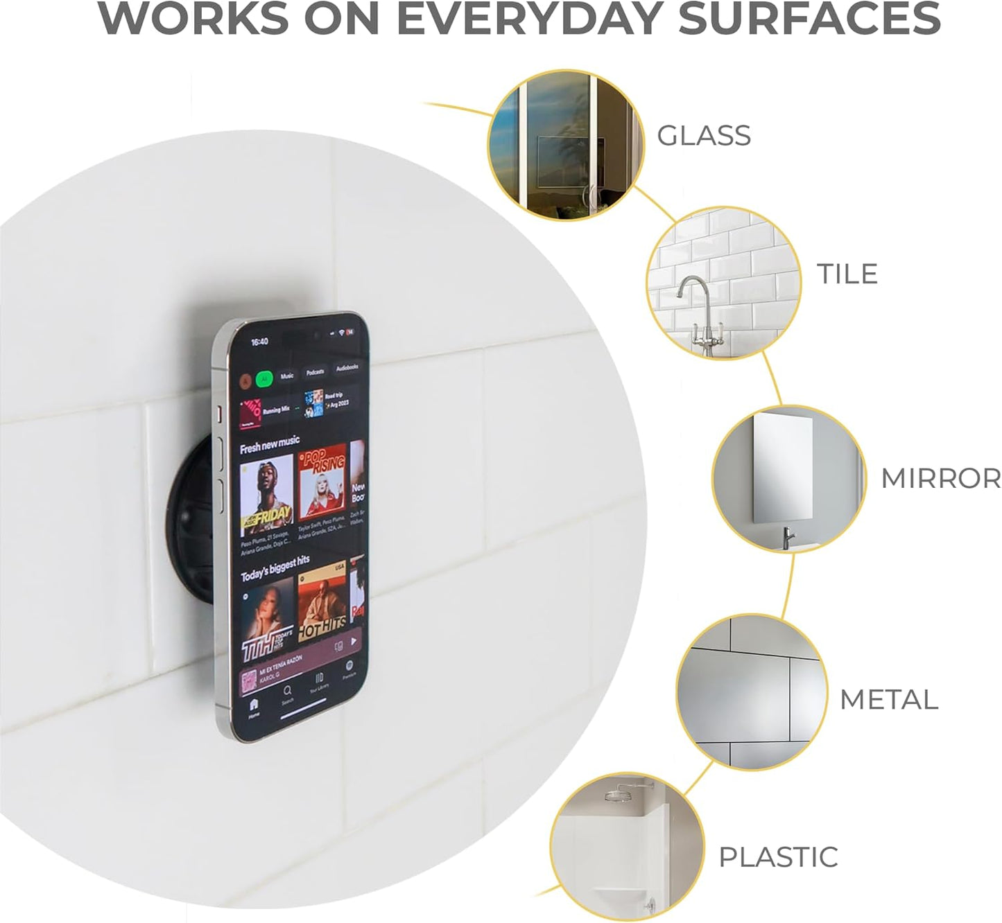 hula+ MagSafe Phone Holder Portable Mount, Reusable Stand for Shower, Mirror, Kitchen, Window, & Bathroom Compatible with MagSafe Adjustable Rotation for Content, TikTok, Movies & Music