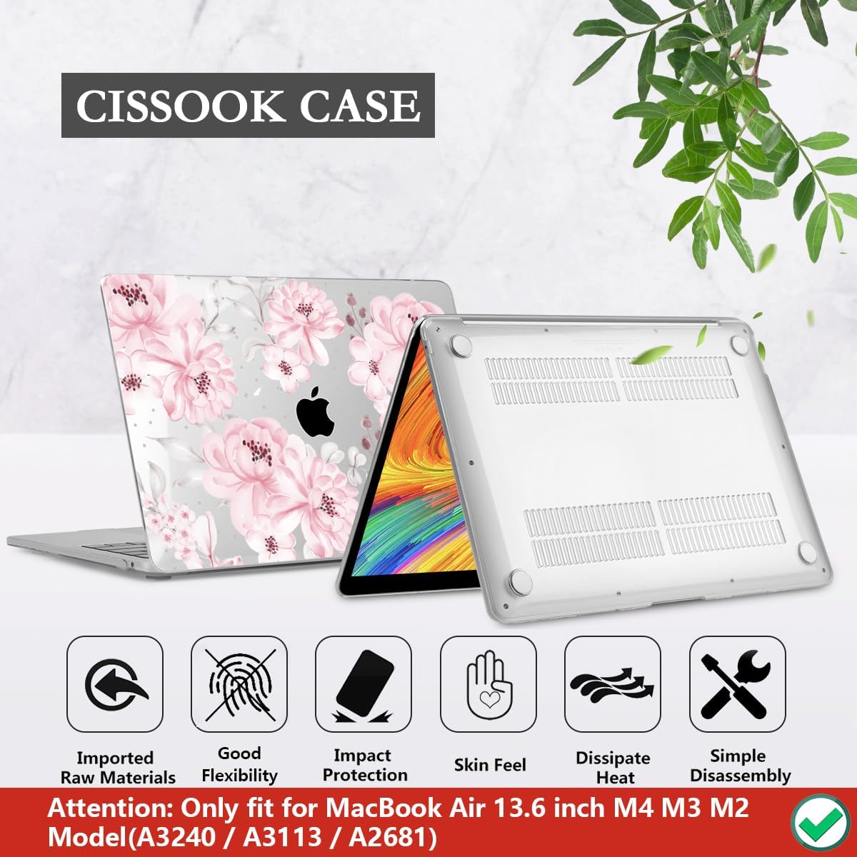 CISSOOK Compatible with MacBook Air 13.6 inch Case M4 M3 M2 Chip 2025 2024 2023 2022 Release, Plastic Hard Shell Case Keyboard Cover Screen Protector for Mac Air 13 A3240 A3113 A2681, Cute Pink Flower