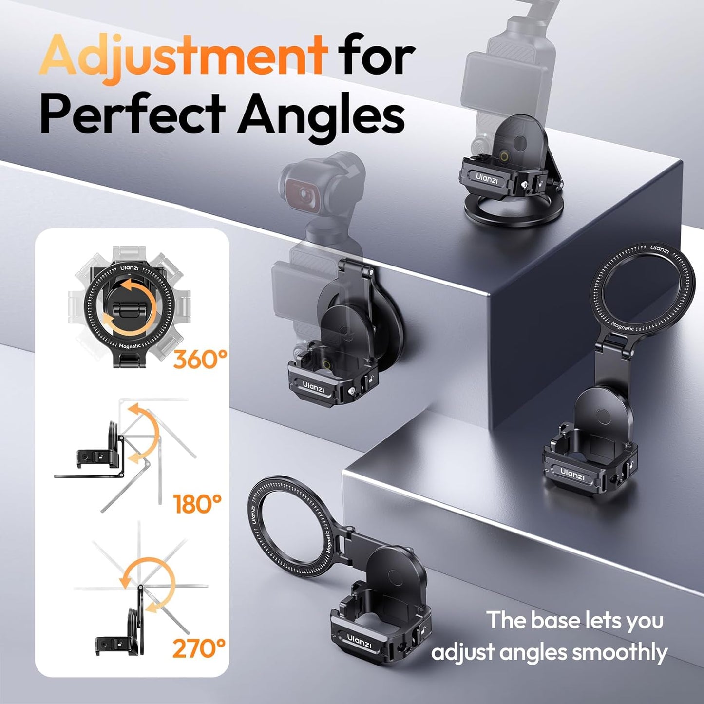 ULANZI PM01 Magnetic Mount Stand Compatible with DJI OSMO Pocket 3, Aluminium Expansion Camera Holder with Cold Shoe and 1/4'' Mount, 181/270/360° Adjustment Magnetic Adapter Pocket 3 Accessories