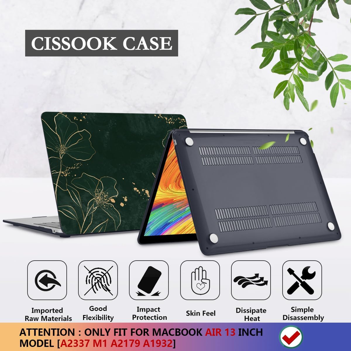 CISSOOK Case for MacBook Air 13 inch 2021 M1 A2337 A2179 A1932, Hard Shell Case+ Keyboard Cover+ Screen Protector for New MacBook Air 13 with Retina Display and Touch ID 2022-2018, Elegant Gold Lotus