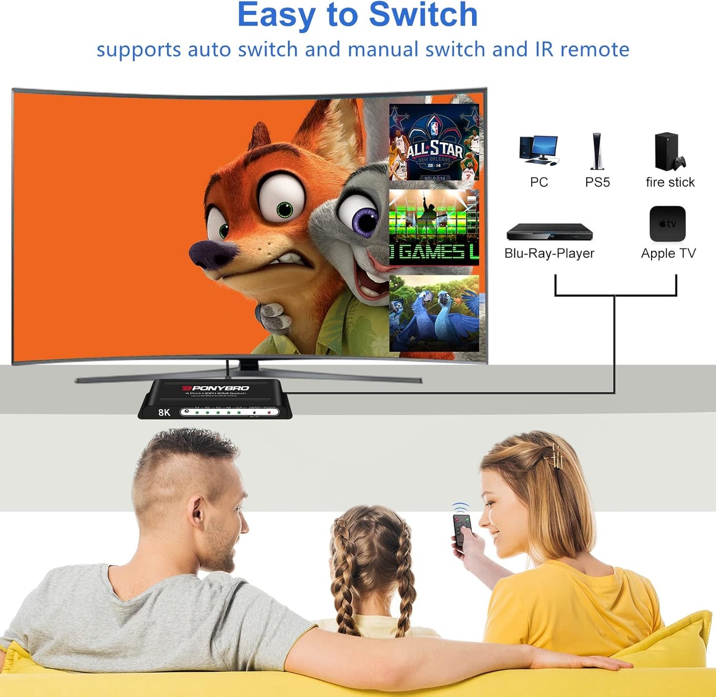 HDMI Switch 8K 4 Port – HDMI 2.1 48Gbps Auto-Switching, 8K@60Hz/4K@120Hz, HDR10+/Dolby Vision, for PS5/Xbox/PC/Apple TV, Zero Latency with Remote