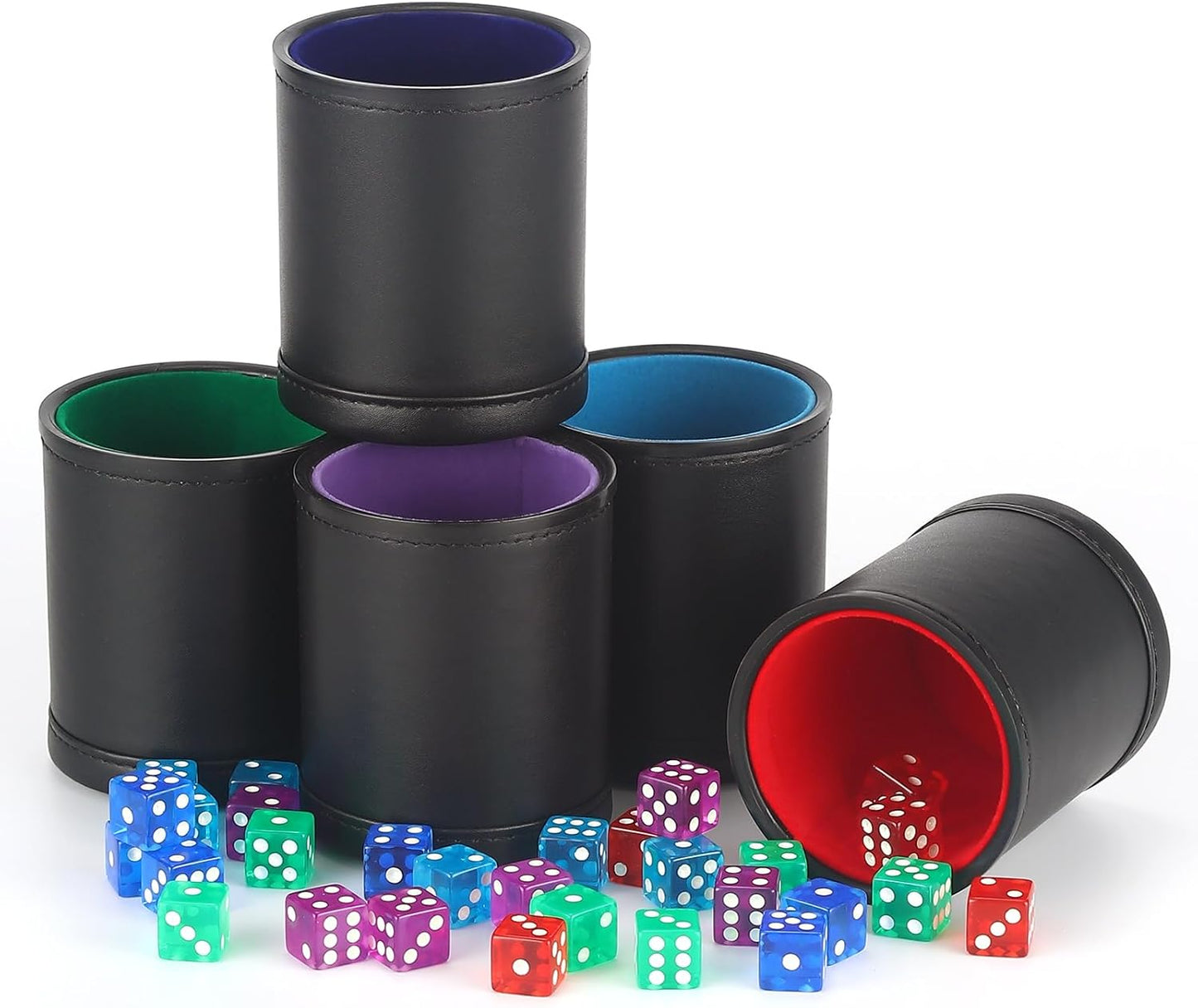 5 Pack PU Leather Dice Cups Velvet Felt-Lined Shaker Cups with 30 Dot Dice for Bar Party Yahtzee Farkle Dice Games