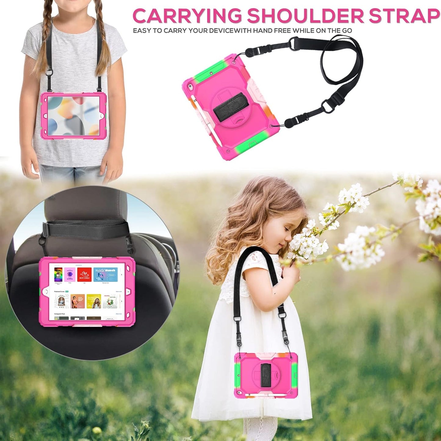 BLOSOMEET Case for iPad 9th/8th/7th Generation 2021/2020/2019 10.2 Inch for Kids Girls with Tempered Glass Screen Protector & Pen Holder| iPad 10.2 Case Cover w/Stand Hand Shoulder Strap |Rose