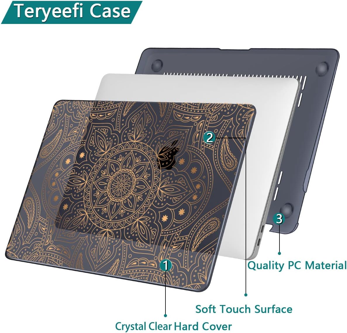 Teryeefi Compatible with MacBook Air 13 inch Case M1 Chip A2337 A2179 A1932 Retina Display Touch ID (A2018 2019 2020 Release), Plastic Hard Shell & Keyboard Cover & Screen Protector,Gold Mandala