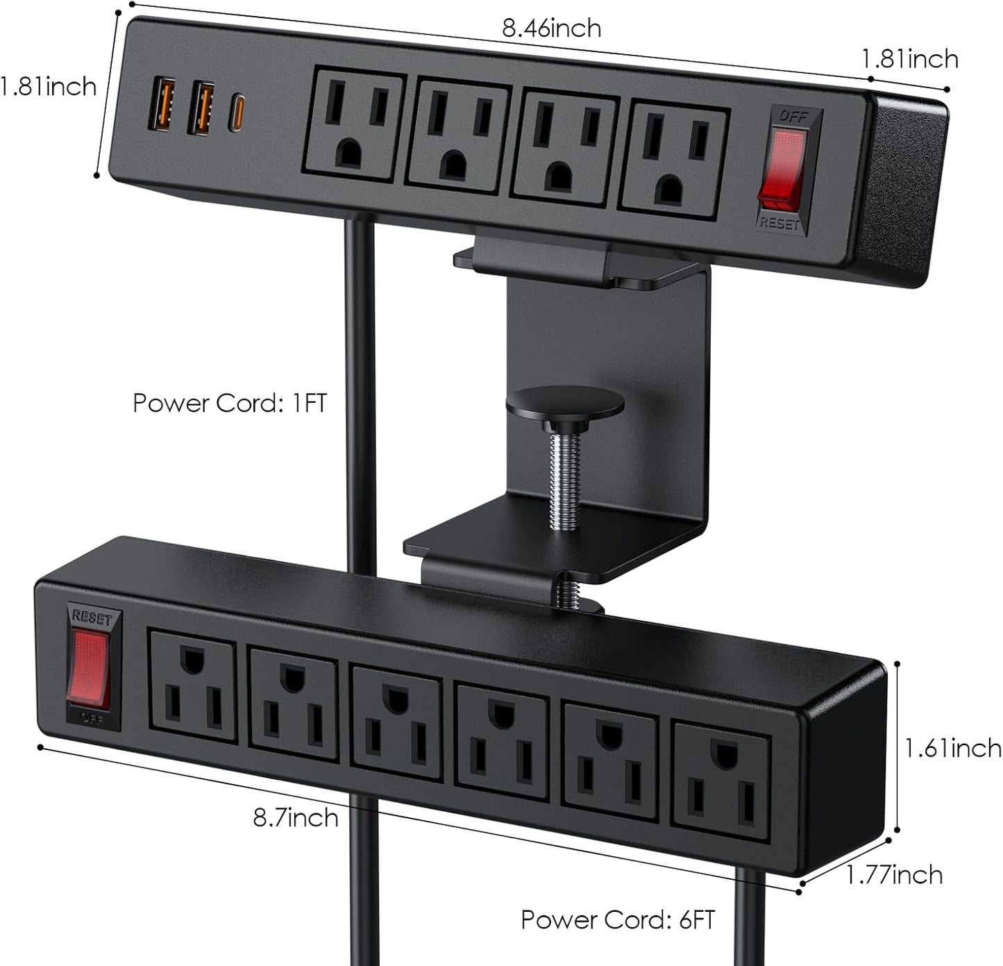 Dual Layer Desk Clamp Power Strip Surge Protector, Under Desk Power Strip with 10AC Outlets & 3 USB(20W USB-C), Desktop Edge Mount Charging Station, 6 Ft Extension Cord for Office Home (ETL Listed)