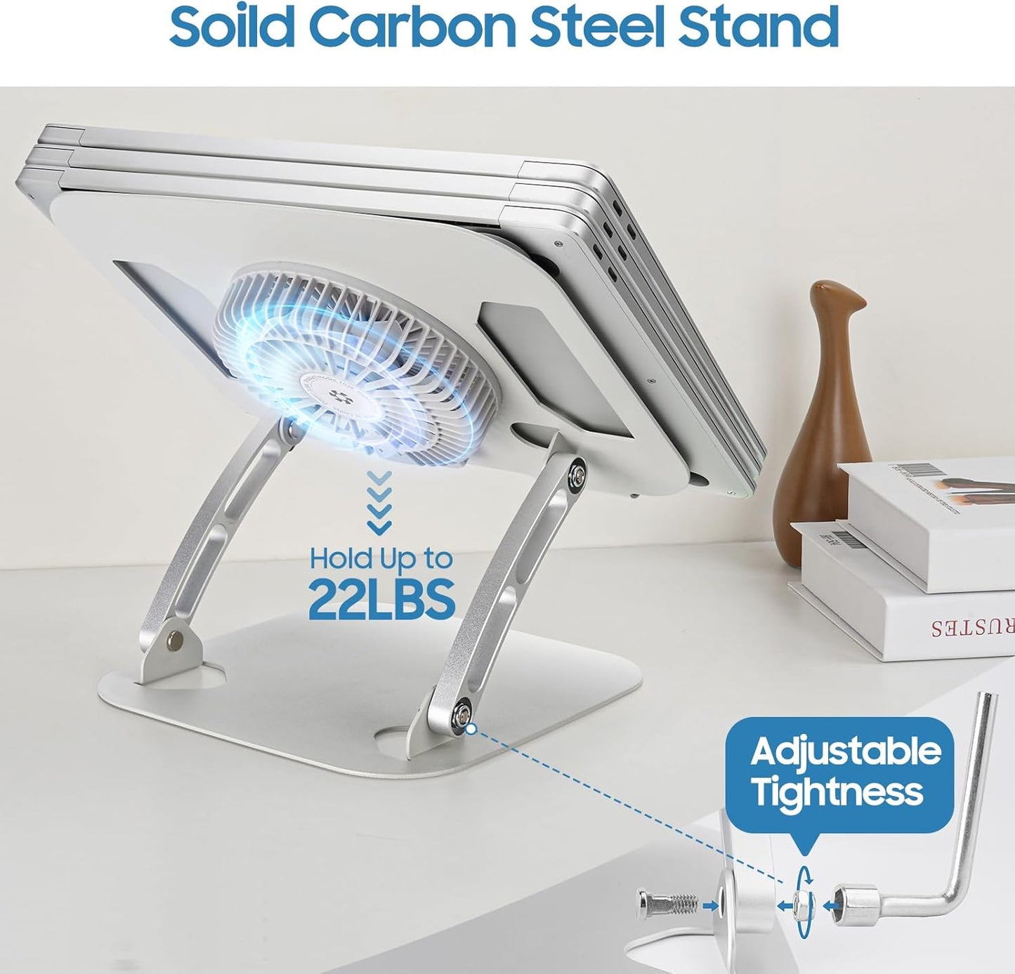 SHUWEI Laptop Cooling Stand with 3 Speed Fan, Adjustable Height & Angle, Carbon Steel Framework, Ultra-Quiet & Super Sturdy for up to 16”Laptop - Black