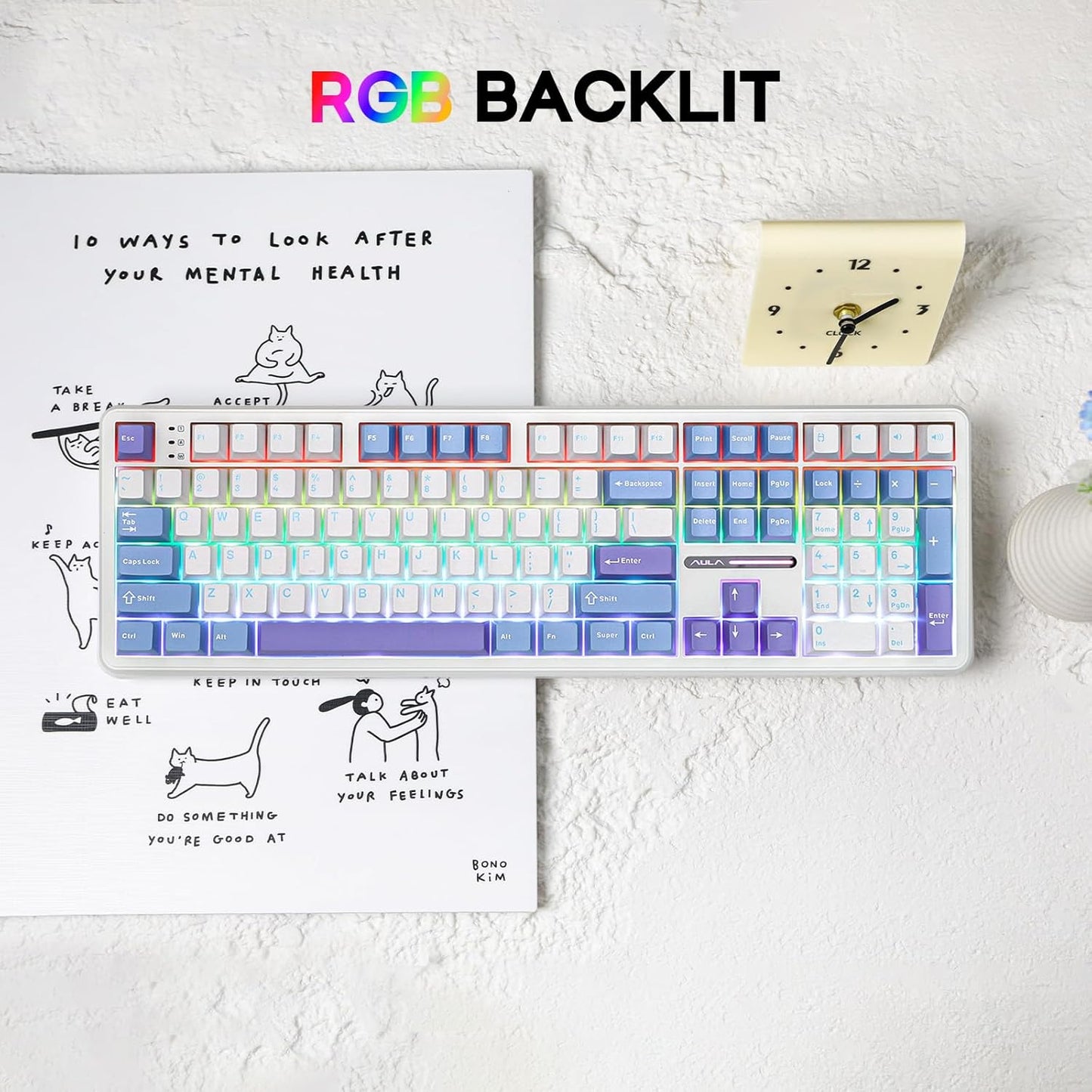 EPOMAKER Aula F108 Wireless Gaming Keyboard, Full Size Mechanical Keyboard with 4000mAh Battery, 108 Hot-Swappable and Programmable Keys, RGB Backlight, for Mac/PC/Android (White&Blue)