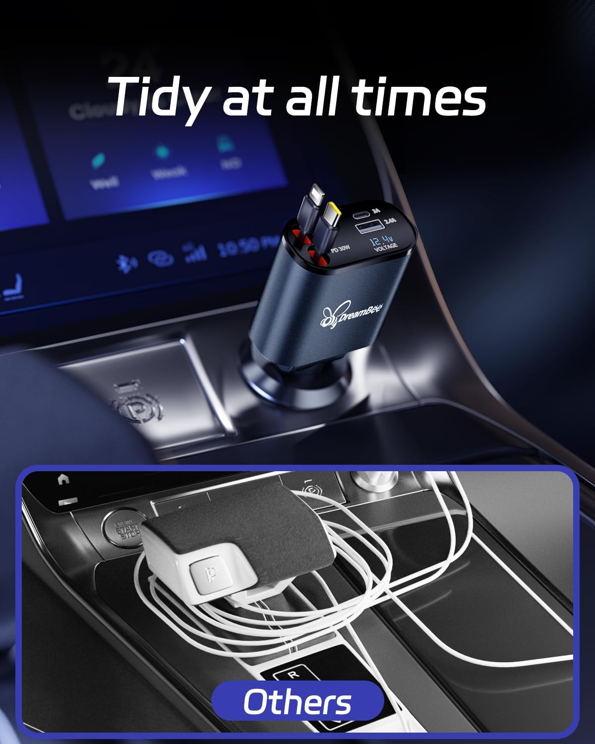 DreamBee Retractable Car Charger,66W 4 in 1 Super Fast Charge Car Phone Charger,Gifts for Men Women Car Truck Accessories for iPhone 15/14/13/12 Pro Max XR,iPad,Samsung,Pixel-Blue