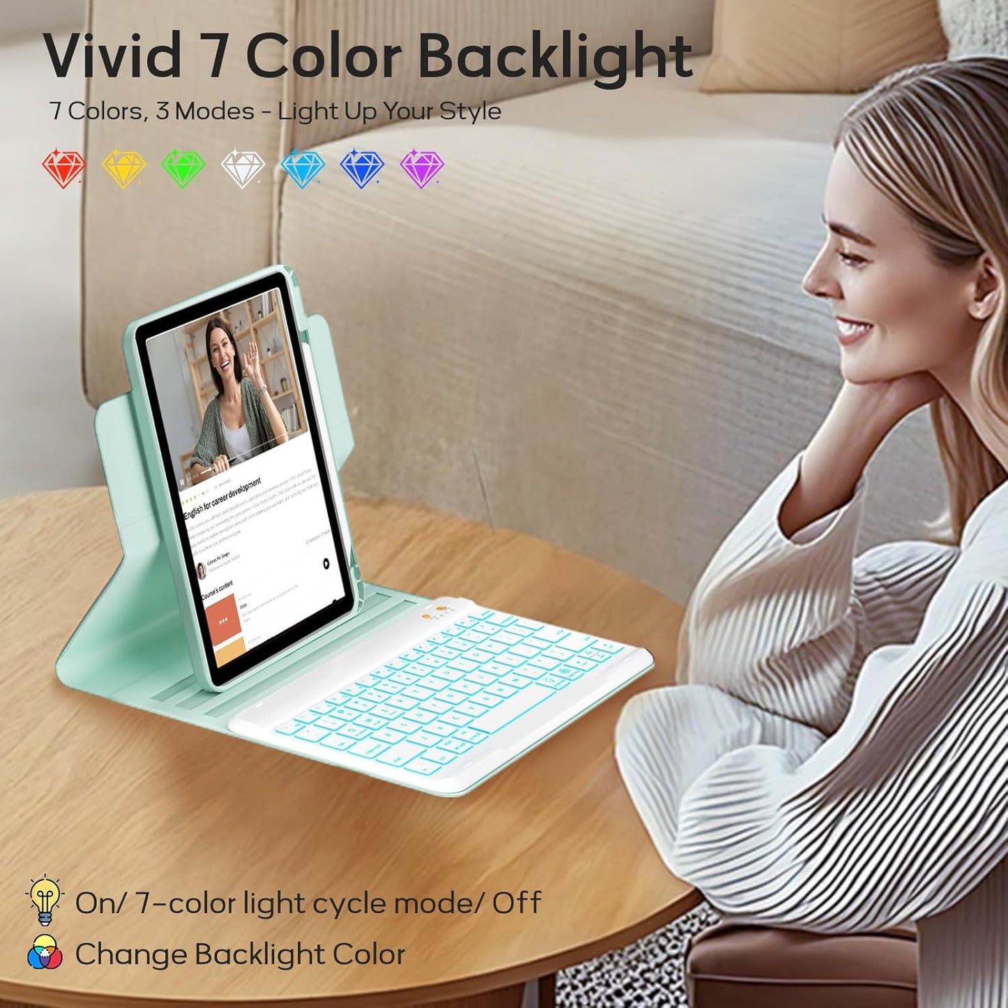 BLUTLOTUS for iPad 11th (A16) 10th Generation Case with Keyboard (2025/2022) - 360° Rotatable Magnetic Folio Cover, 7 Color Backlit Detachable Keyboard with Pencil Holder(Green)