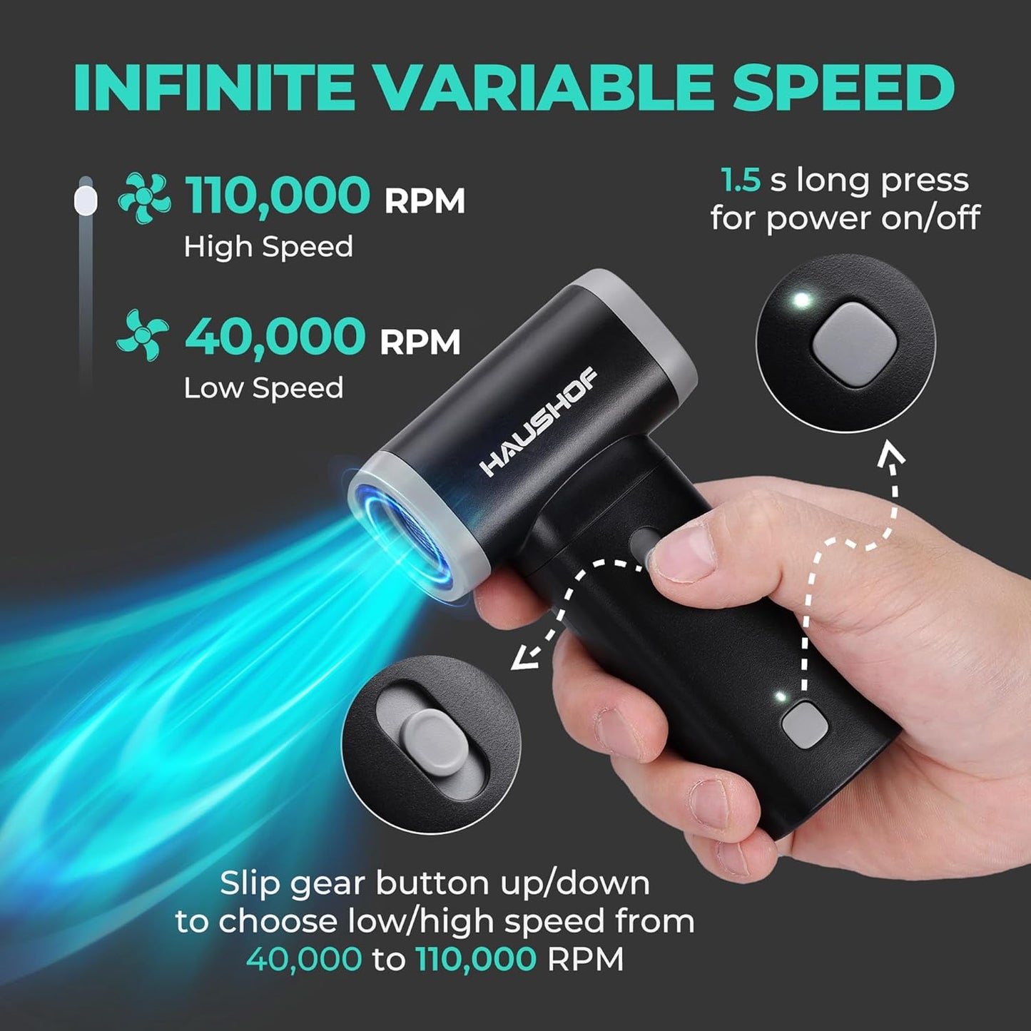 HAUSHOF 8V Mini Electric Air Duster-110,000RPM High Power Compressed Air blower, Rechargeable Brushless Motor Durable Cleaner, Variable Speed Dust Blower for Computer, PC Keyboard, Electronics, Car...