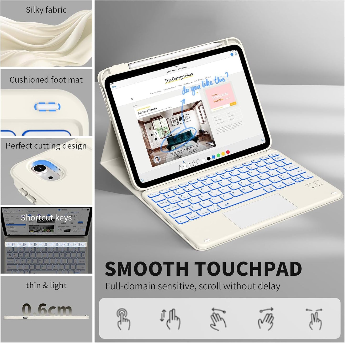 JKSML for iPad(A16) 11th/10th Generation Case with Keyboard (11/10.9 inch) 2025/2022, 7 Color Backlight Detachable Bluetooth Cover with Trackpad, Flip Stand Case Thin with Pencil Holder, Cream White