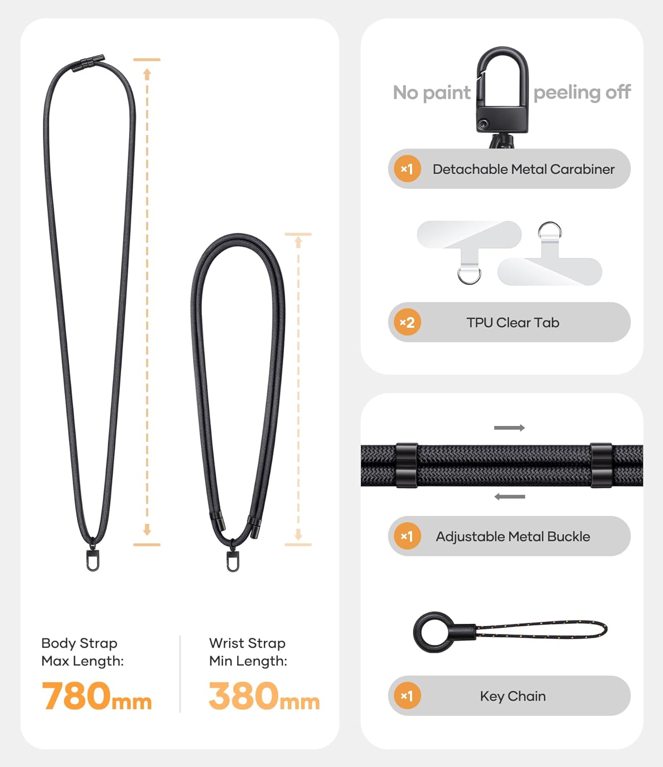 for Phone Lanyard Crossbody with 2X TPU Clear Tabs, Adjustable Anti Theft Strap, Premium Metal Buckles, Comfortable Universal Neck Wrist Lanyard for Travel Outdoor, Black