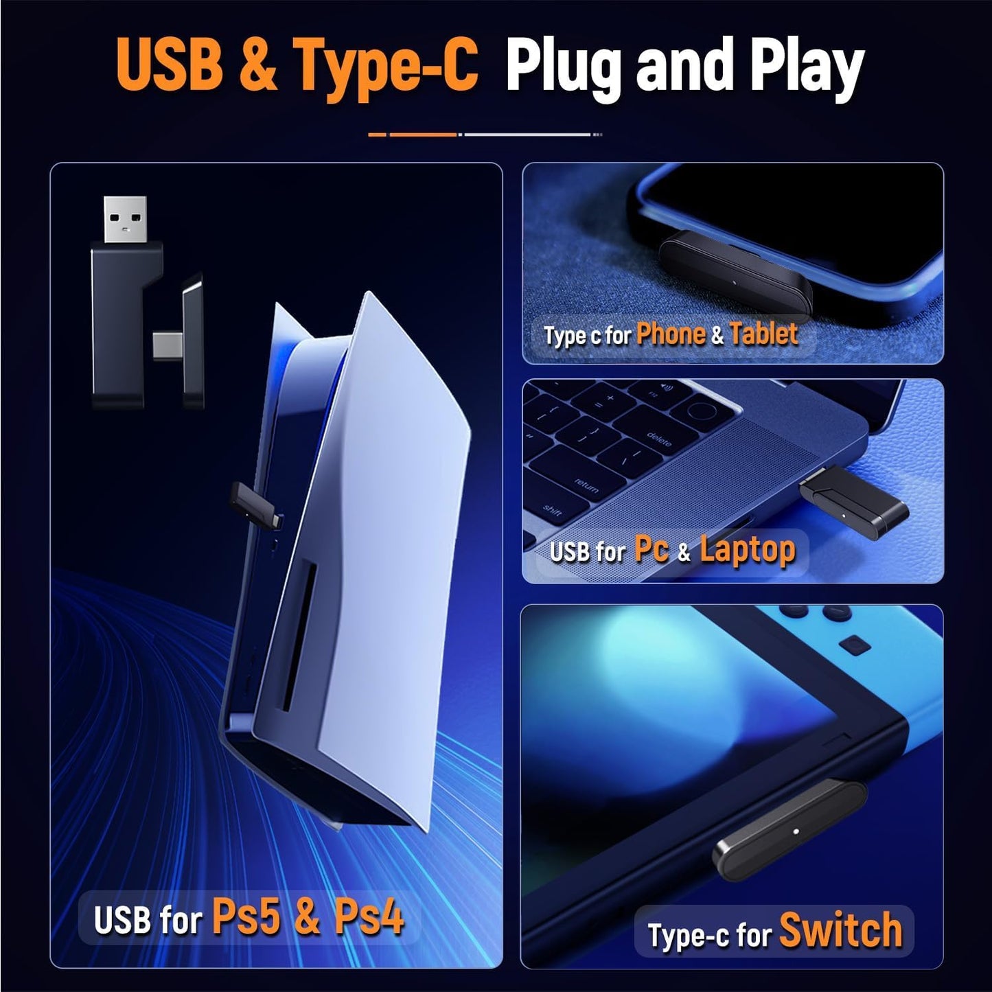 2.4GHz Wireless Gaming Headset with Microphone, 2.4G USB & Type C Transmitter - 30h Battery Life - RGB Lighting Gaming Headphones for PS5, PS4, PC, Phone