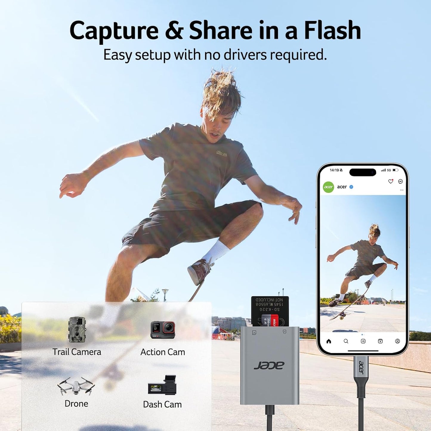 Acer SD Card Reader USB C, Dual Slots Type C to Memory Card Reader, Aluminum Micro SD Card Camera Adapter for MicroSD, SDHC, SDXC, Compatible with iPhone16/15, MacBook, iPad Pro, Android, Laptop