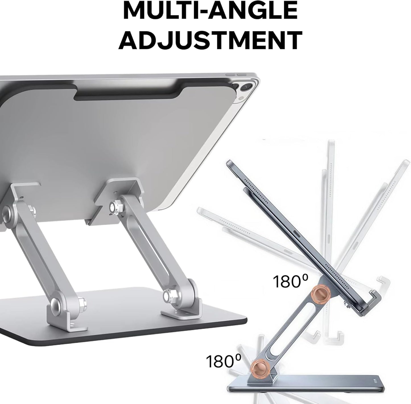 Foldable Aluminum Tablet & Phone Stand — Adjustable Height & Angle, Portable Desk Holder with Anti-Slip Pads for iPad, iPhone, Kindle, Smartphones & Tablets, Helping Reduce Neck and Eye Strain