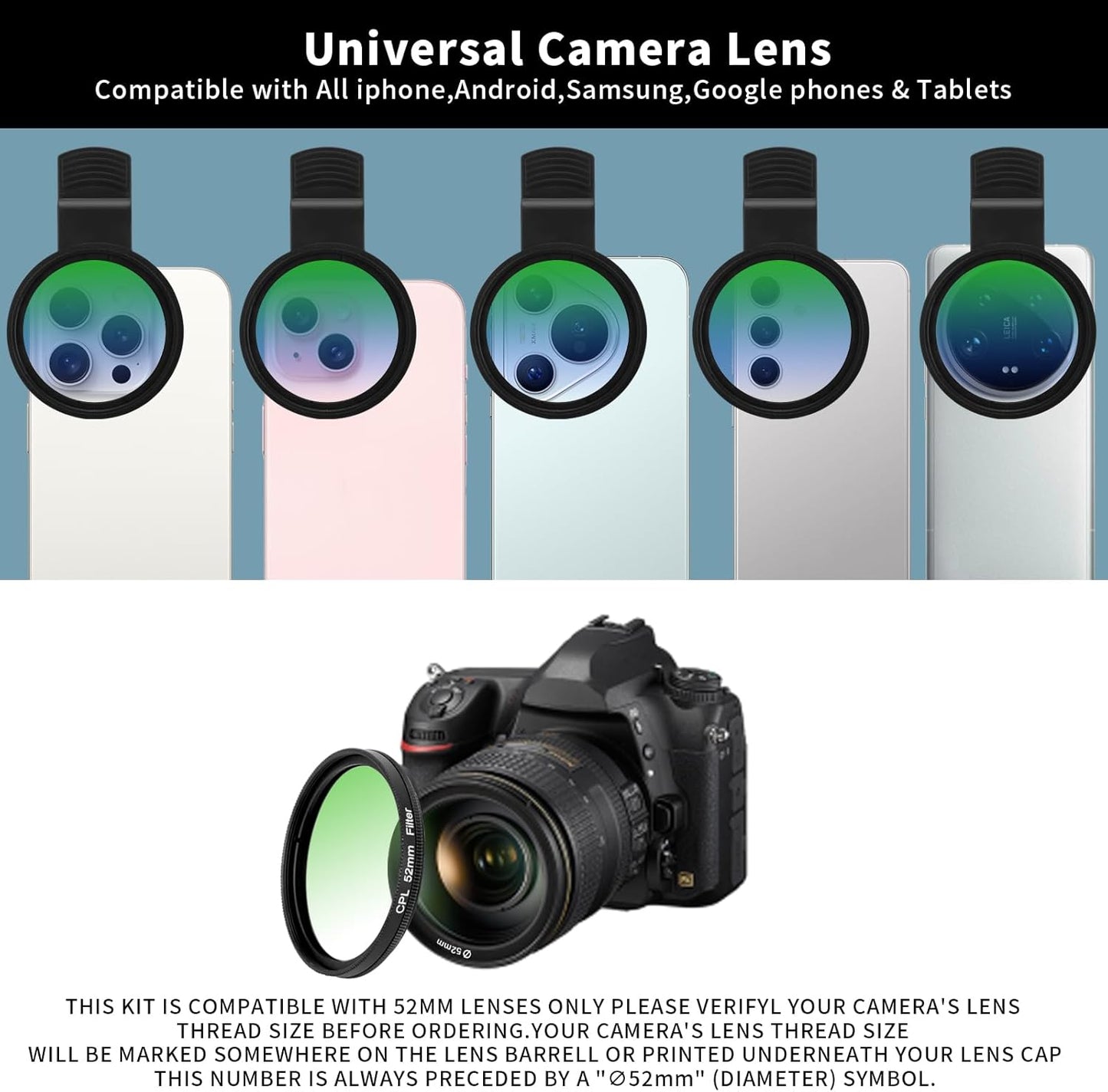 52MM CPL Filter for Phone, Clip-on Circular Polarizing Lens, HD Multi-Coated Optical Glass, Camera Lens Filter Kit Compatible with iPhone 16 15 14, Samsung, Google Pixel and Other Smart Phones