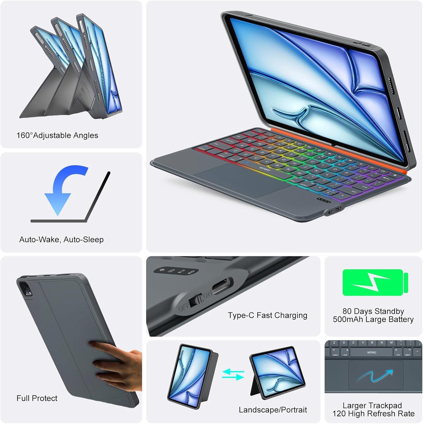 iPad Air 11 inch Case with Keyboard (M3 M2 2025 2024),Pro 11,iPad A16 11th/10th,Flex Magnetic Detachable Keyboard with Trackpad,Backlit Keys,Adjustable Stand,Slim for Air 5th/4th Gen 10.9 inch (Gray)