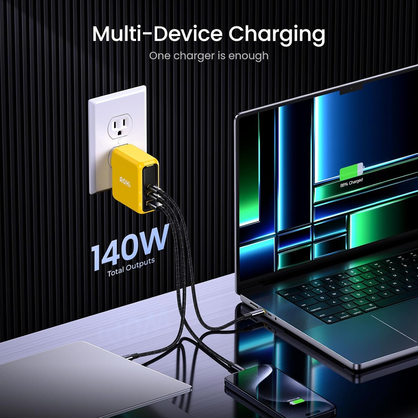 AOHI Magcube 140W USB C Charger PD3.1 3-Port GaN+ Laptop Wall Charger 100W Fast Charging Power Adapter Foldable Plug for MacBook Pro 16'', Dell XPS, iPad Pro, Galaxy, iPhone 15 Pro, Chromebook, Yellow