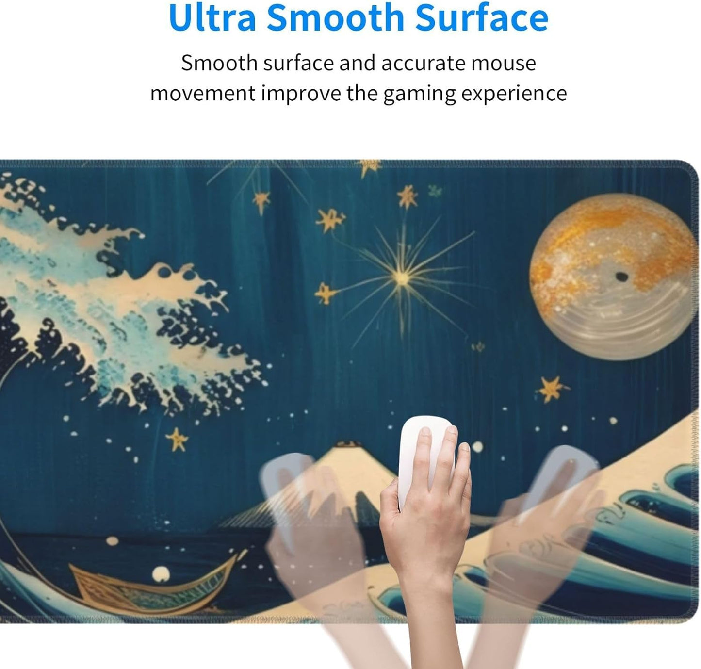 Gaming Mouse Pad, Large Non-Slip Rubber Base Mousepad, Keyboard Mouse Mat, Desk Pad with Stitched Edges, 31.5x11.8inch, Wave Moon