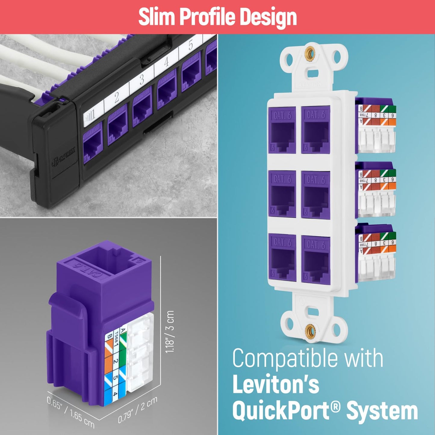 Everest 90° Angled RJ45 Cat6 Keystone Jacks 100-Pack in Purple - Slim Profile Female RJ45 Connectors - Cat 6 Keystone Jack - Compatible with 90° Angled Speed Termination Tool - easyJACK (B094WB91H3)